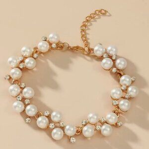 NEW Pearl & Crystal Cluster Bracelet – Gold Tone Adjustable Statement Bracelet
